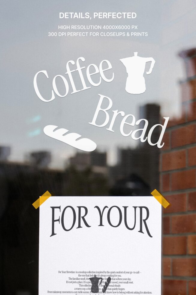 Window decal mockup showing Coffee Bread text with white moka pot silhouette