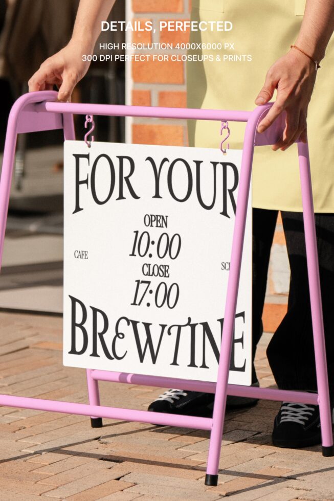 Hands holding bright purple A-frame sign with white panel showing coffee shop hours