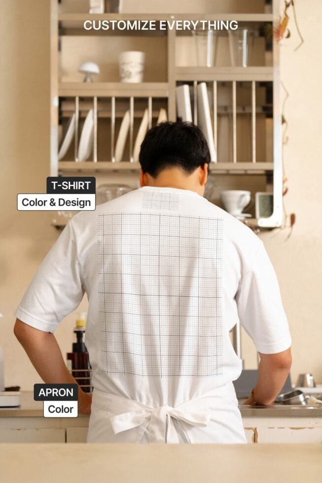 Man wearing white t-shirt with customizable back print in home kitchen setting