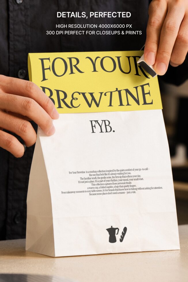 Yellow branded paper bag with For Your Brewtine text being held by hands