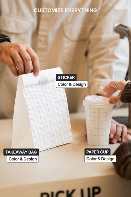 Hands holding paper cup, takeaway bag with grid pattern sticker showing customization