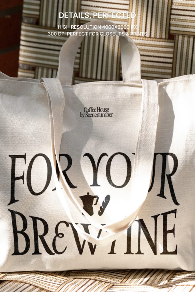Close up of cream tote bag with For Your Brew Wine text design