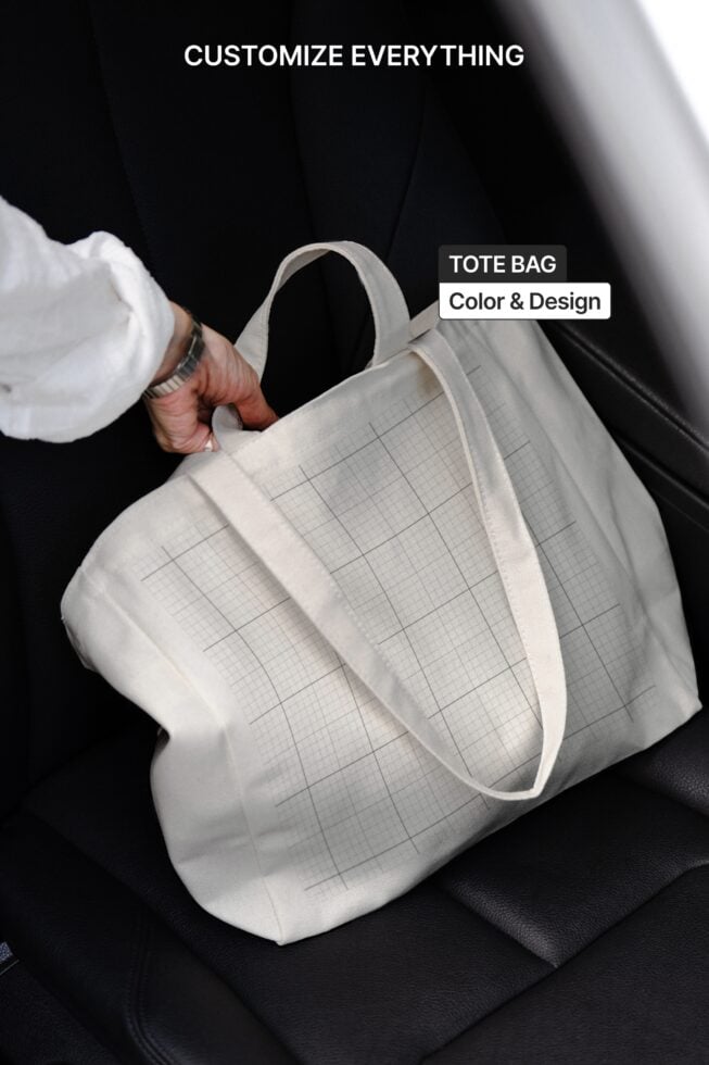 Close up of tote bag handles with sunglasses, holding iced drink in sleeve