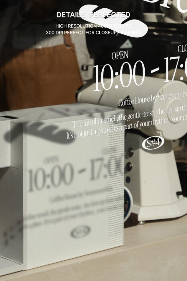 Coffee shop window display mockup with time slots for cafe branding