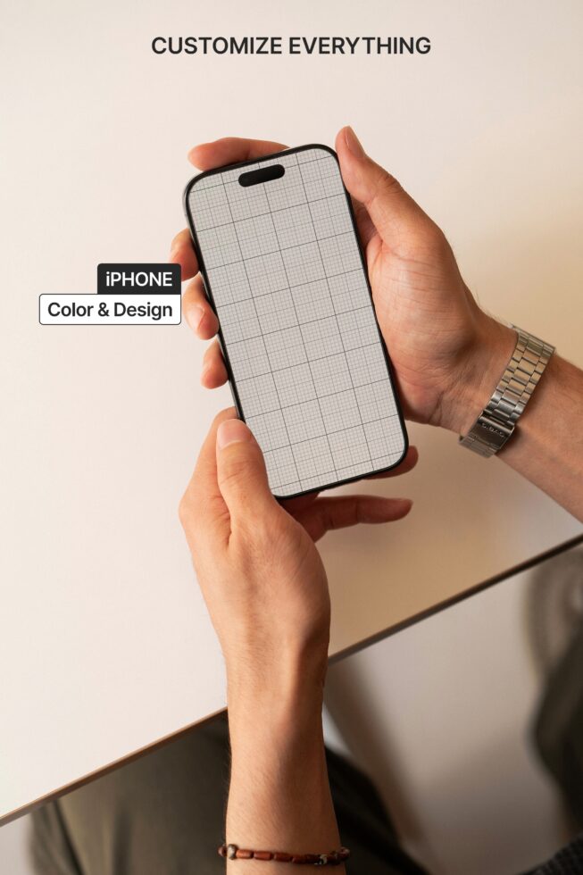 Person holding iPhone with blank grid screen, coffee cup with latte in background