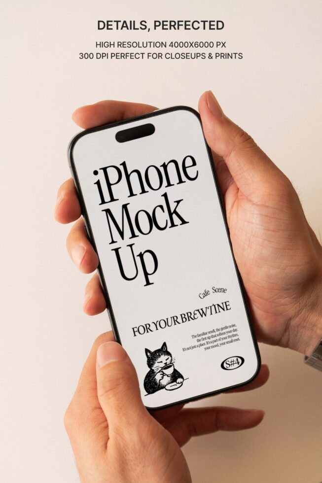 Person gripping iPhone mockup vertically, blank screen ready for customization