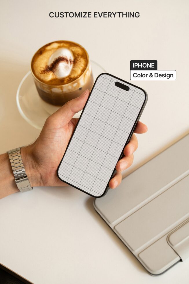 Hand displaying iPhone with grid layout over latte, notebook flat lay scene