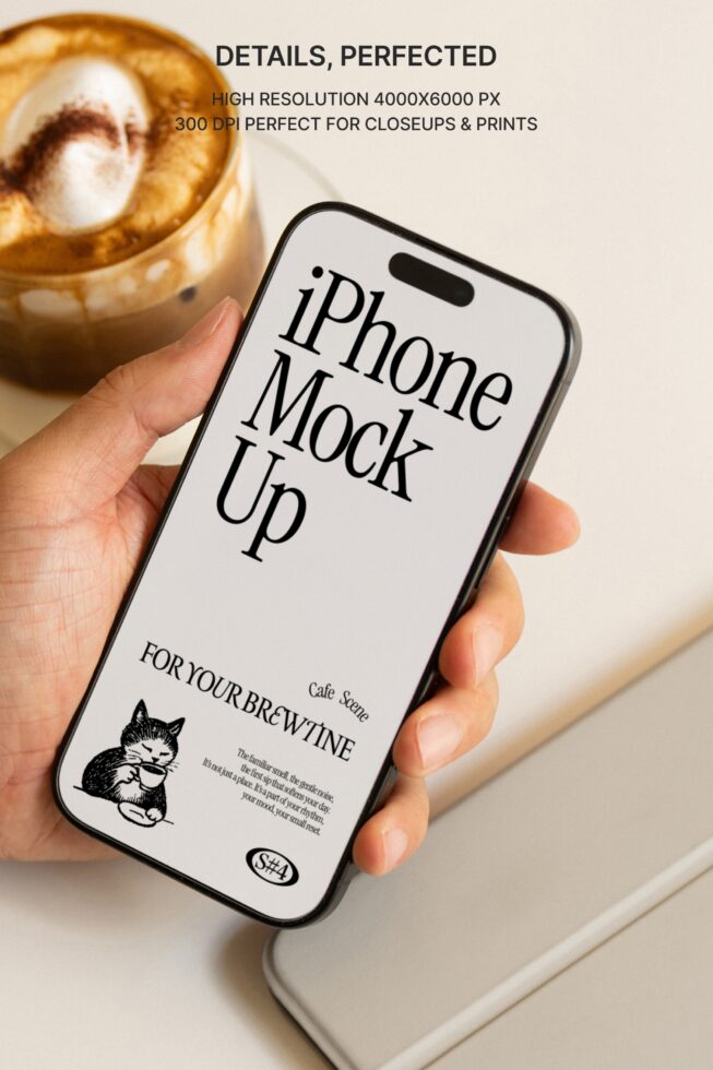 iPhone mockup held in hand next to latte, coffee cup with latte art visible
