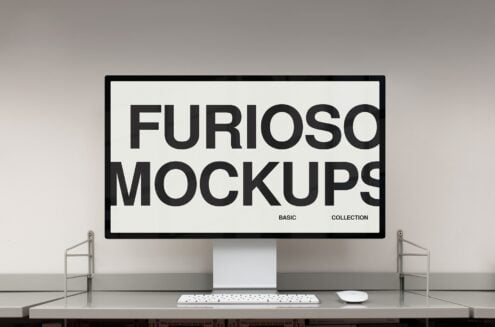 Monitor displaying large bold Furioso Mockups typography on white background