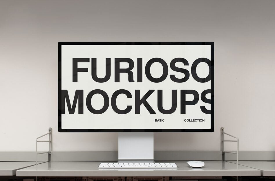 Monitor displaying large bold Furioso Mockups typography on white background