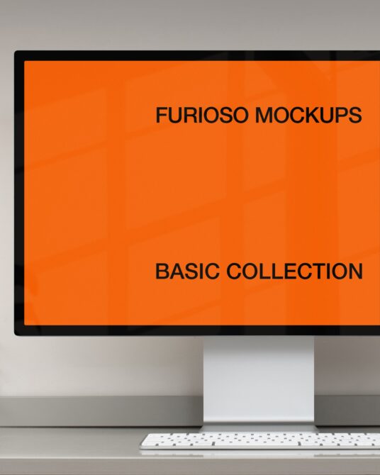 Desktop monitor displaying orange screen with Furioso Mockups branding