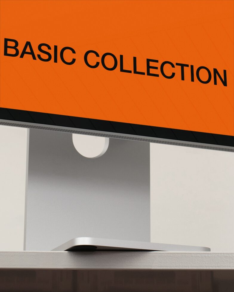 Orange storefront sign with black band, minimalist display mockup