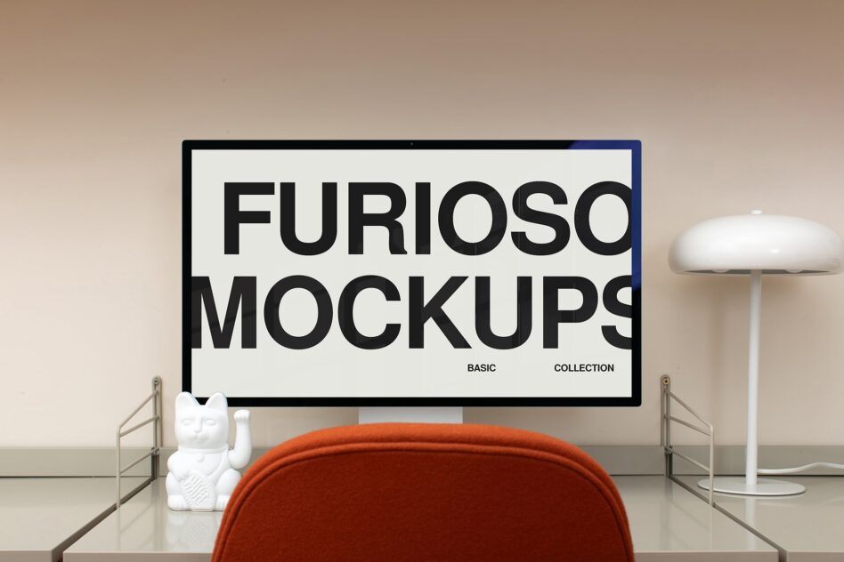 Desktop monitor displaying Furioso Mockups branding with orange chair in foreground