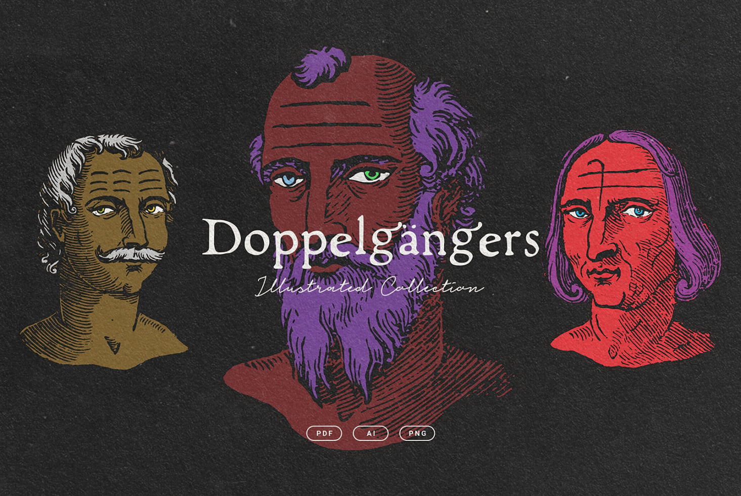 Three colorful classical heads on dark background illustrated