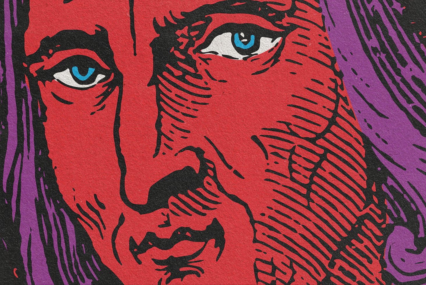 Red faced male portrait with purple hair blue eye close up