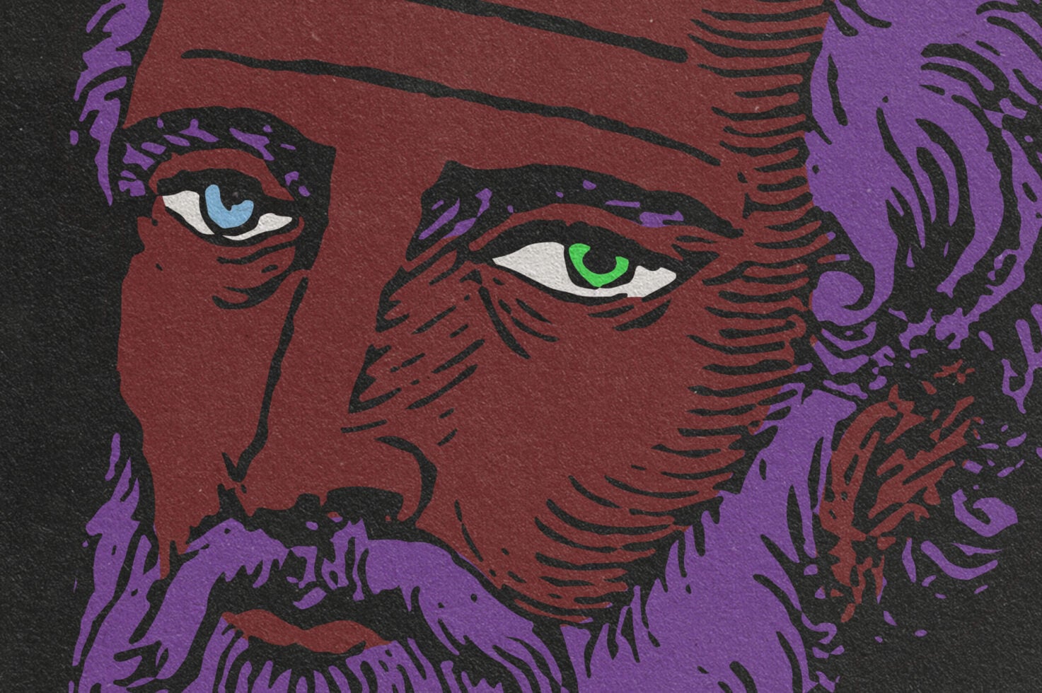 Red burgundy male portrait with purple hair blue green eyes
