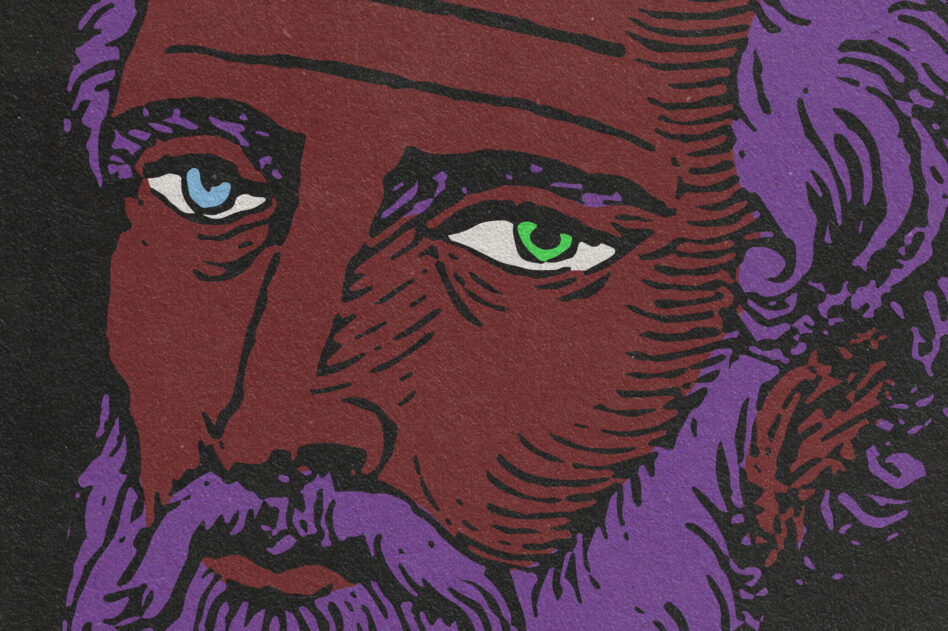 Red burgundy male portrait with purple hair blue green eyes
