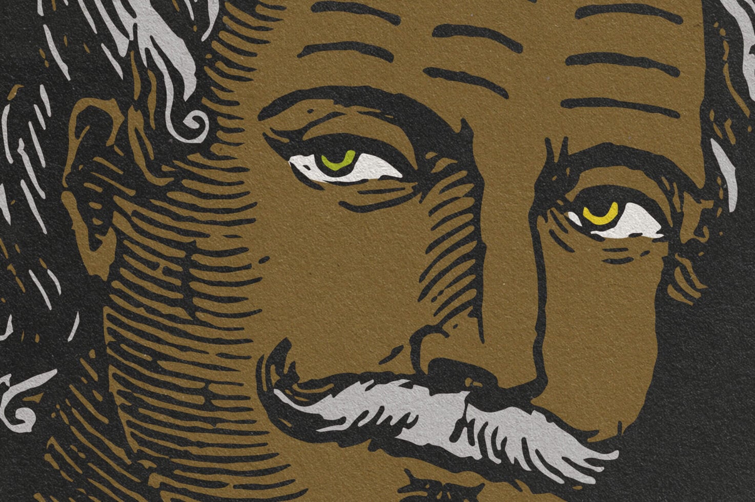 Gold face with yellow eyes black hair white beard detail