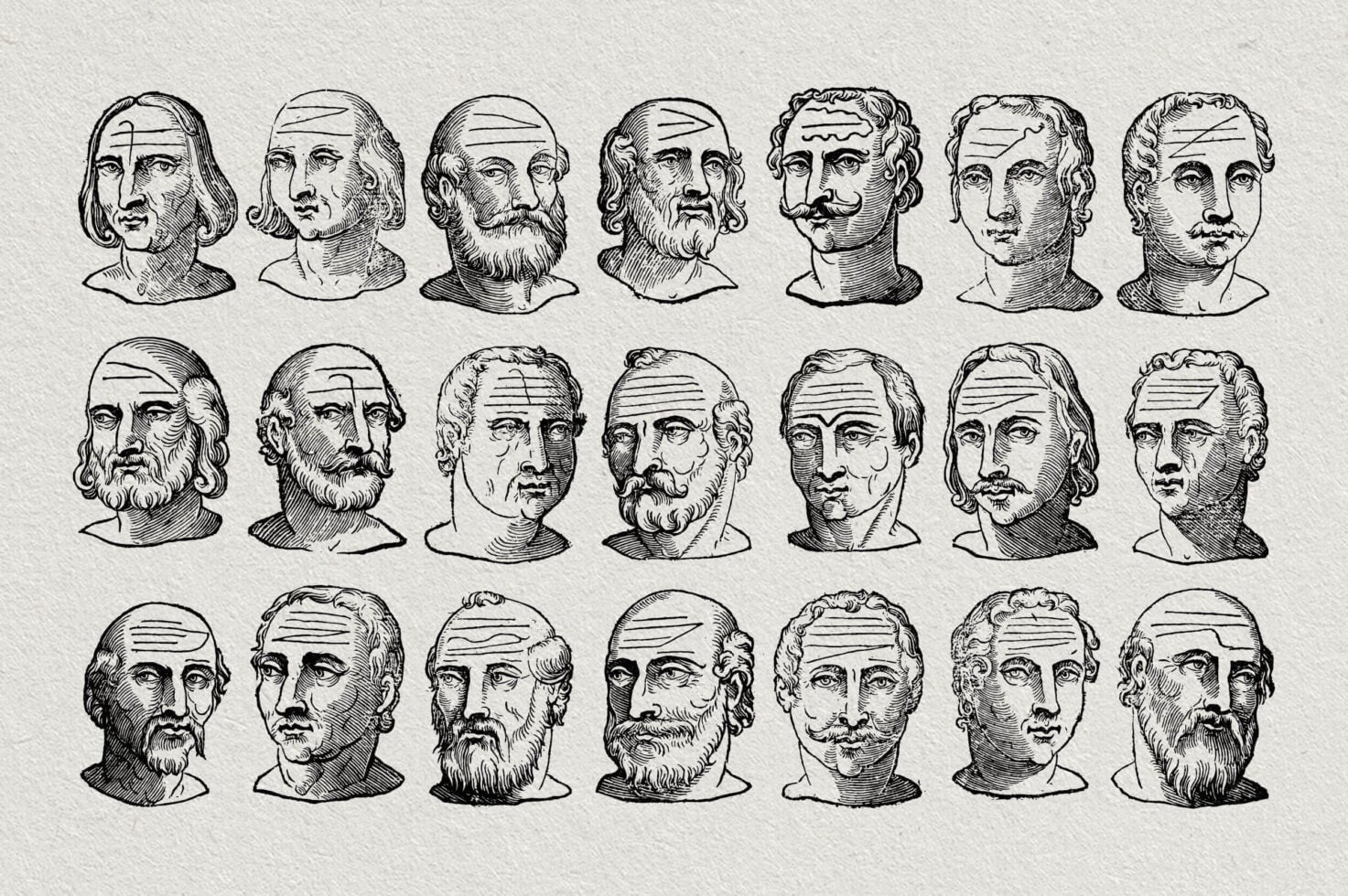 21 engraved male portrait heads with different beards hairstyles