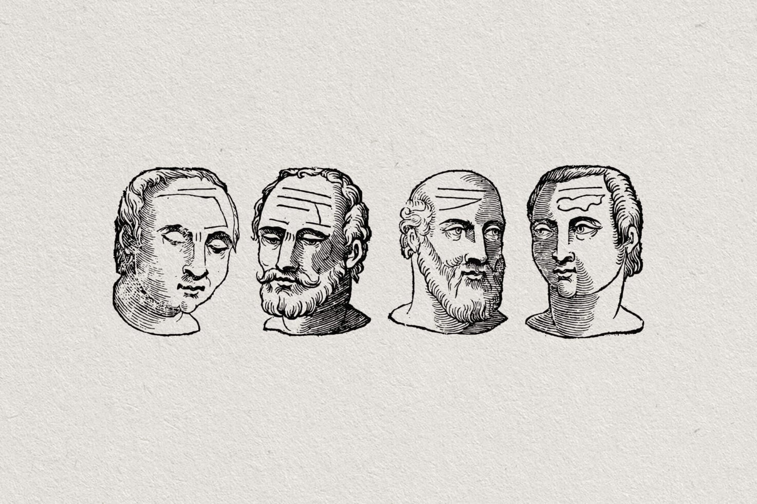Four classical male head busts with varied facial hair in black ink