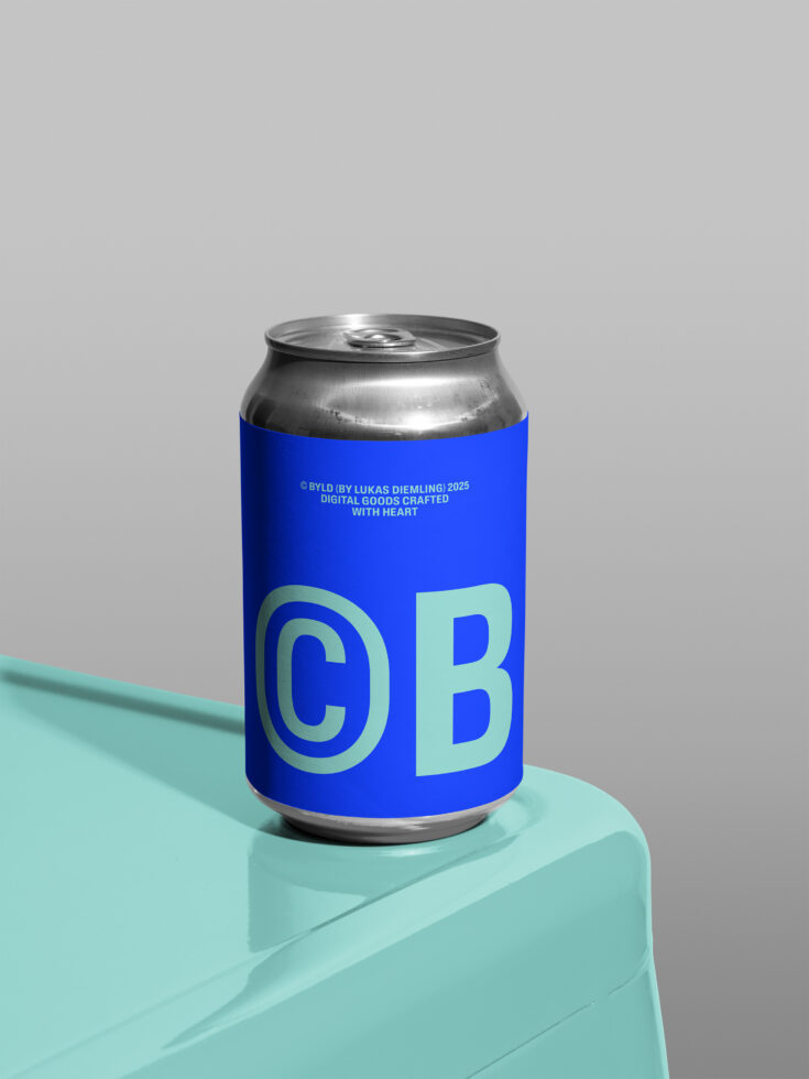 Blue aluminum can on mint block with teal shadow on light background