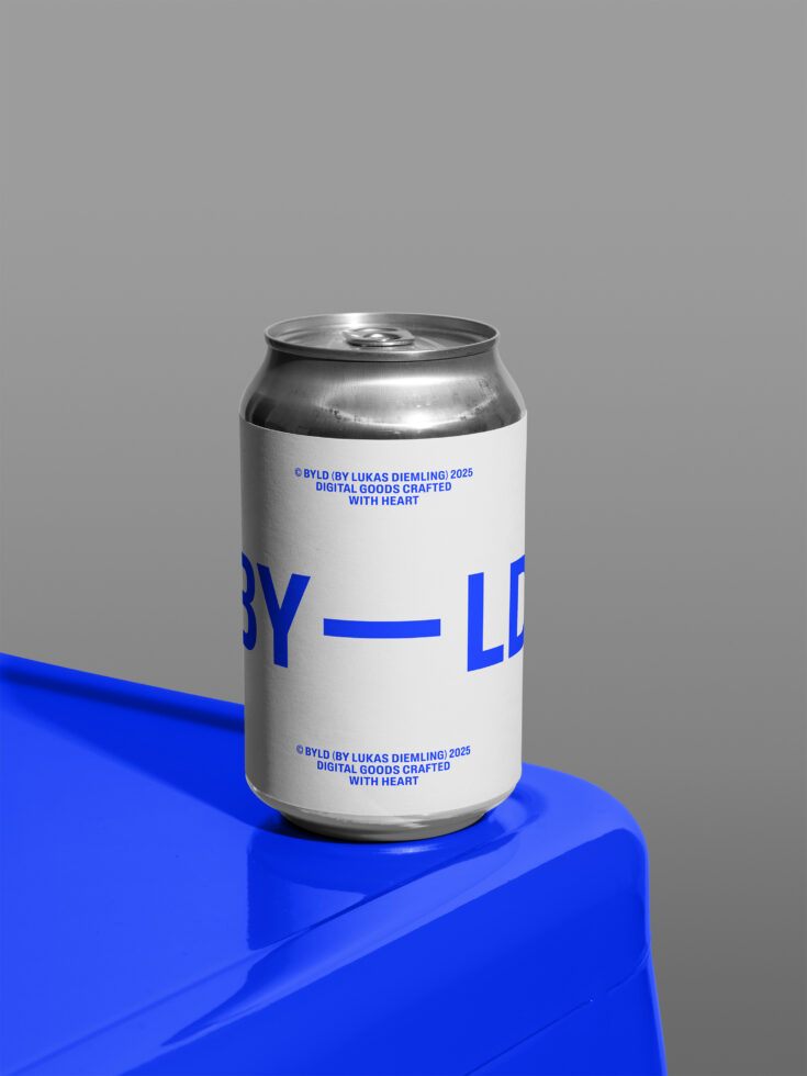 White aluminum can with blue partial text on blue platform