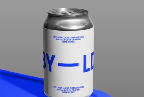 Aluminum can with white label, bright blue text spelling out partial BYLD branding