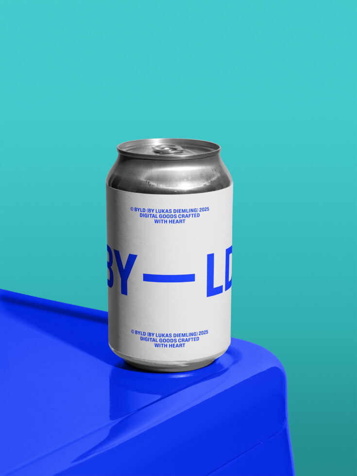 Aluminum can on blue platform against turquoise cyan split background