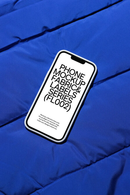iPhone display on royal blue puffy jacket showing full screen mockup