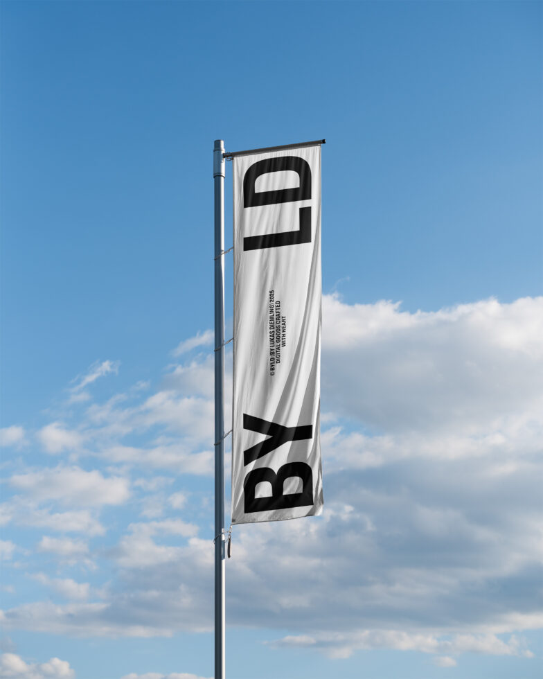 White vertical banner flag with black bold letters, mounted on metal pole against blue sky