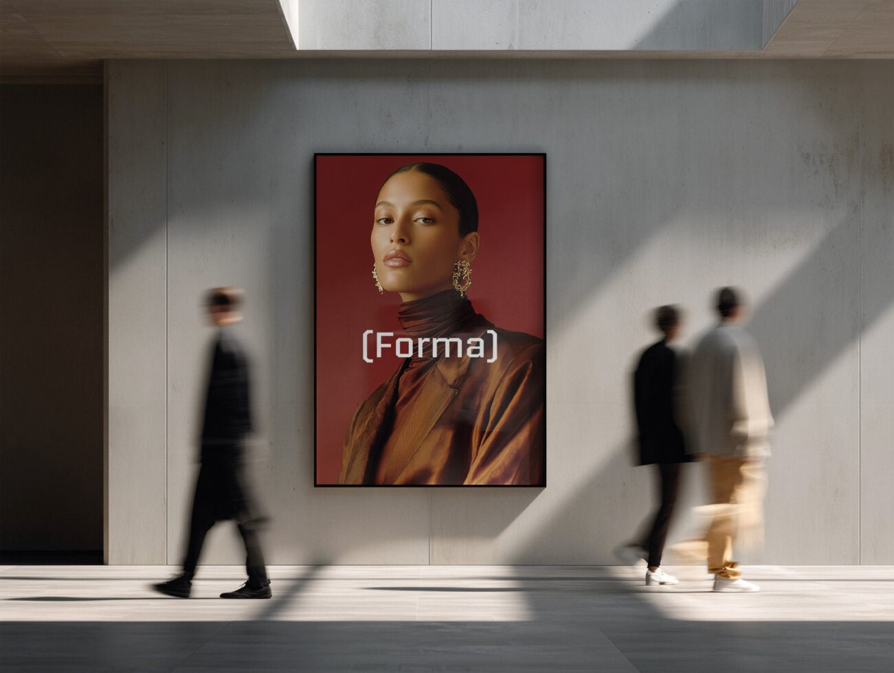 Black frame poster mockup on concrete wall, two blurred people passing through space