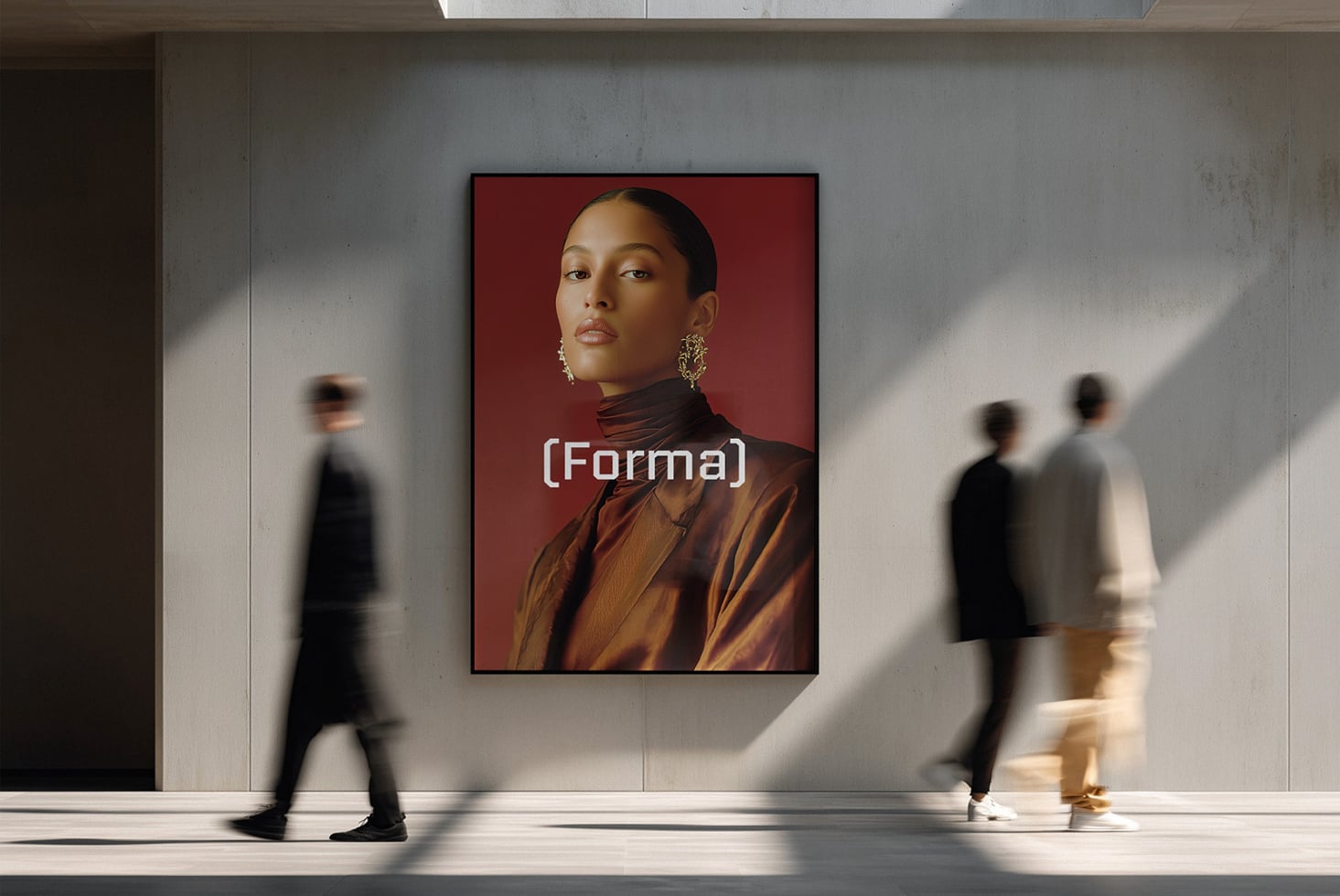 Portrait framed on gallery wall showing woman with red background
