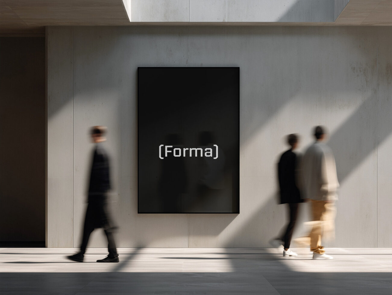 Dark frame mockup on minimalist gallery wall with foot traffic, blank canvas display