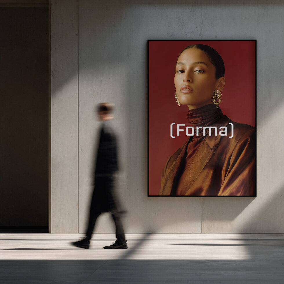 Framed portrait mockup on gallery wall with person walking by, burgundy background
