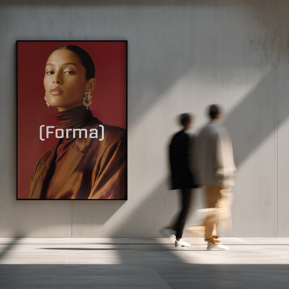 Framed artwork mockup on left wall, couple viewing in modern gallery interior