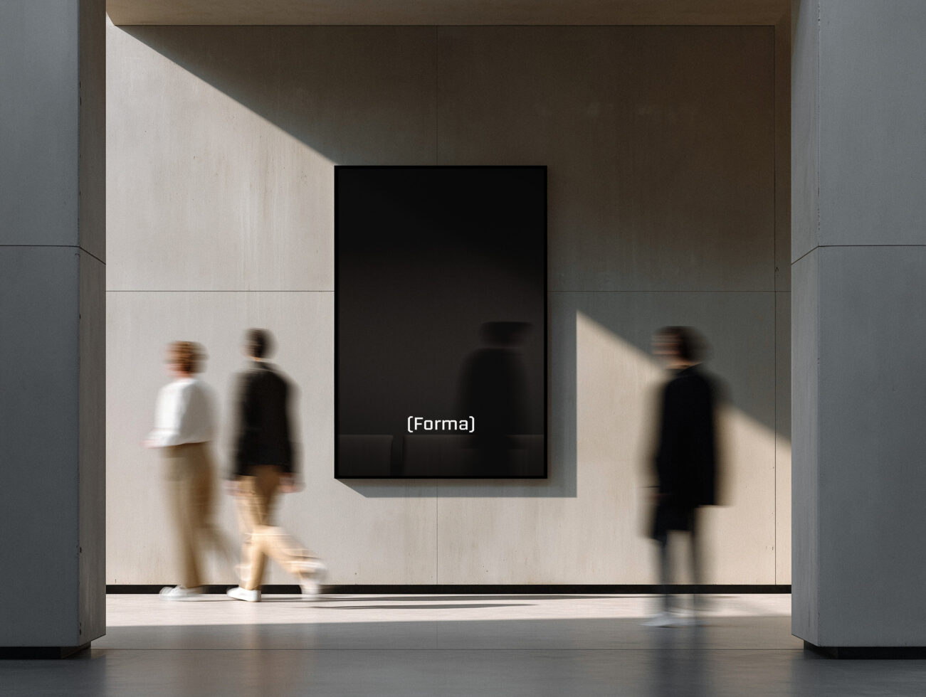 Blank gallery display on white wall with black frame, people walking in gallery space