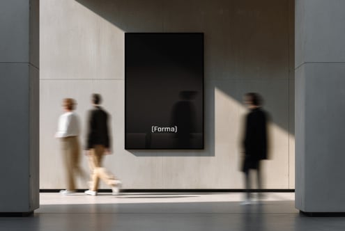 Dark blank screen mockup on gallery wall with people passing by below