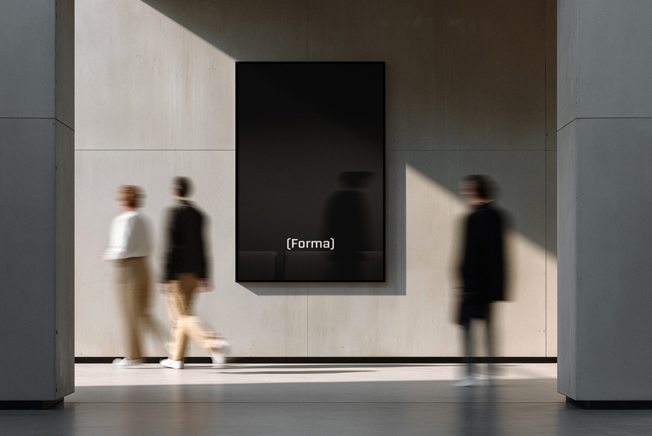 Dark blank screen mockup on gallery wall with people passing by below
