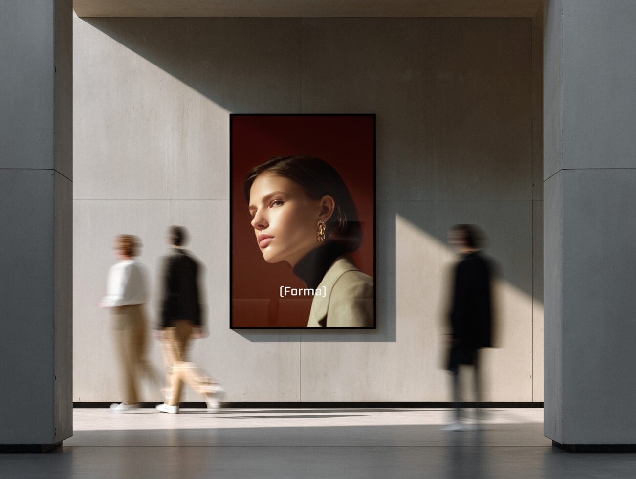 Gallery wall with woman portrait on burgundy background, blurred pedestrians walking past