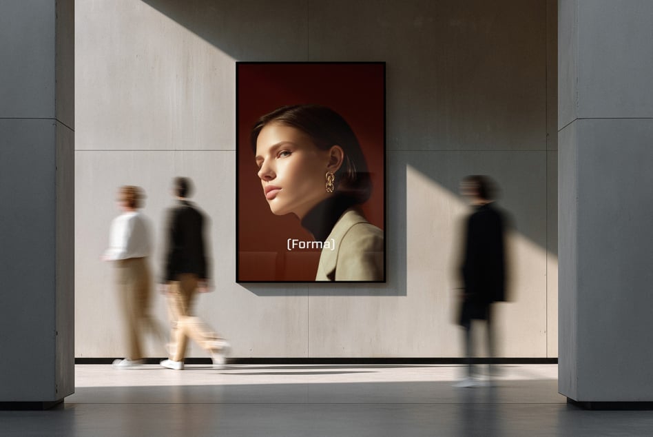 Portrait photo displayed on gallery screen with blurred figures walking past