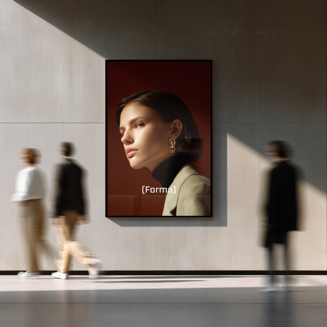 Gallery wall with woman portrait on burgundy background, blurred pedestrians walking past