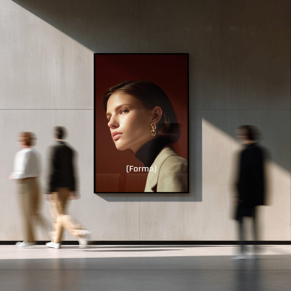 Gallery wall with woman portrait on burgundy background, blurred pedestrians walking past