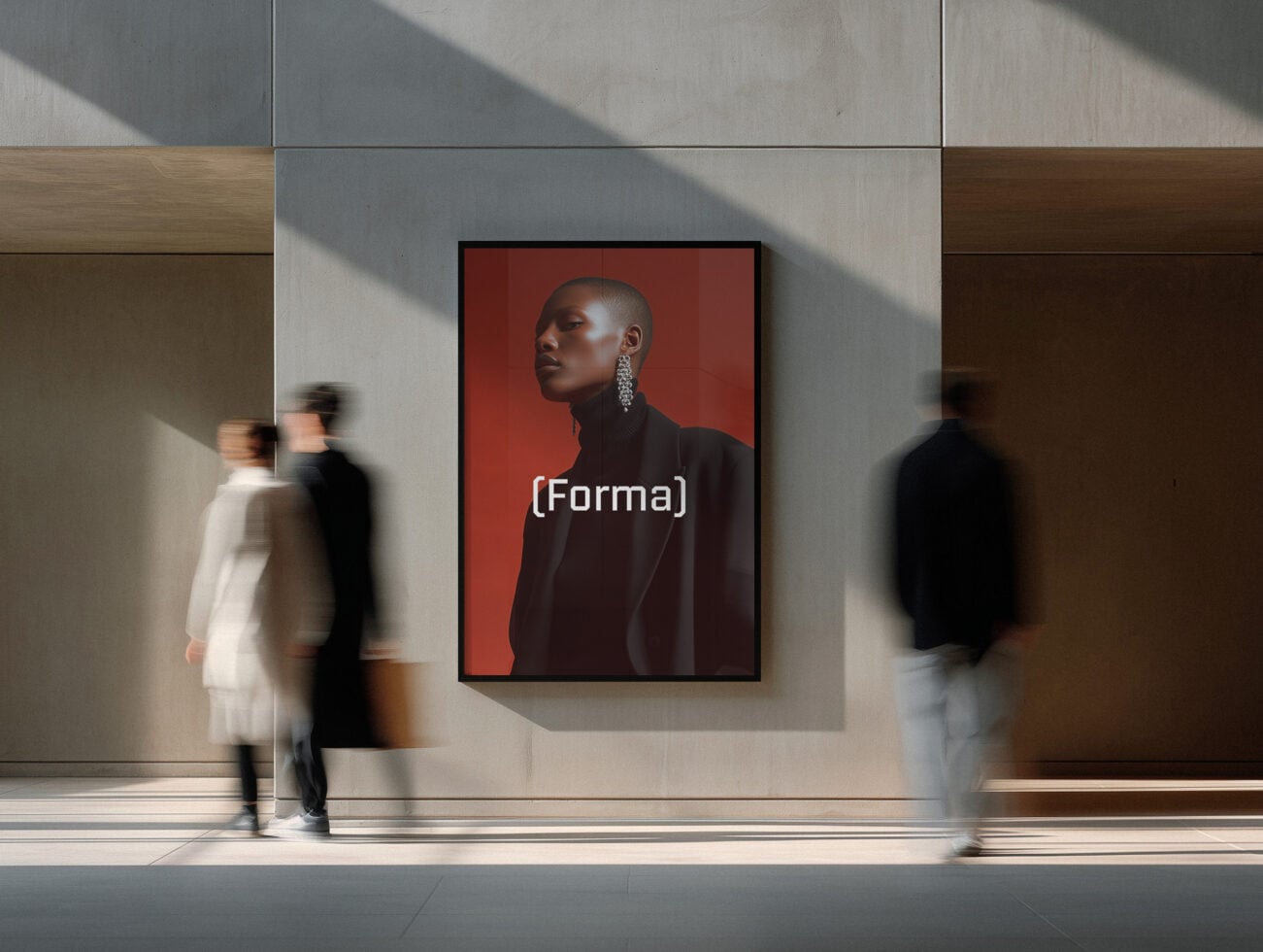 Framed portrait mockup on gallery wall with blurred figures passing