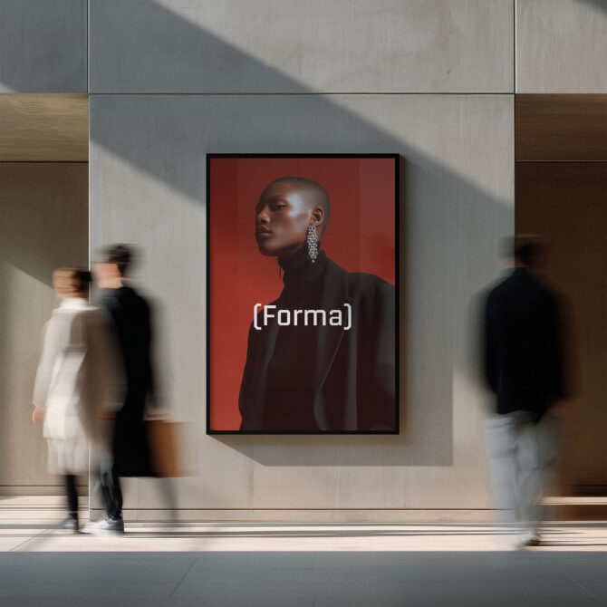 Portrait mockup on gallery wall with red background, woman in black turtleneck