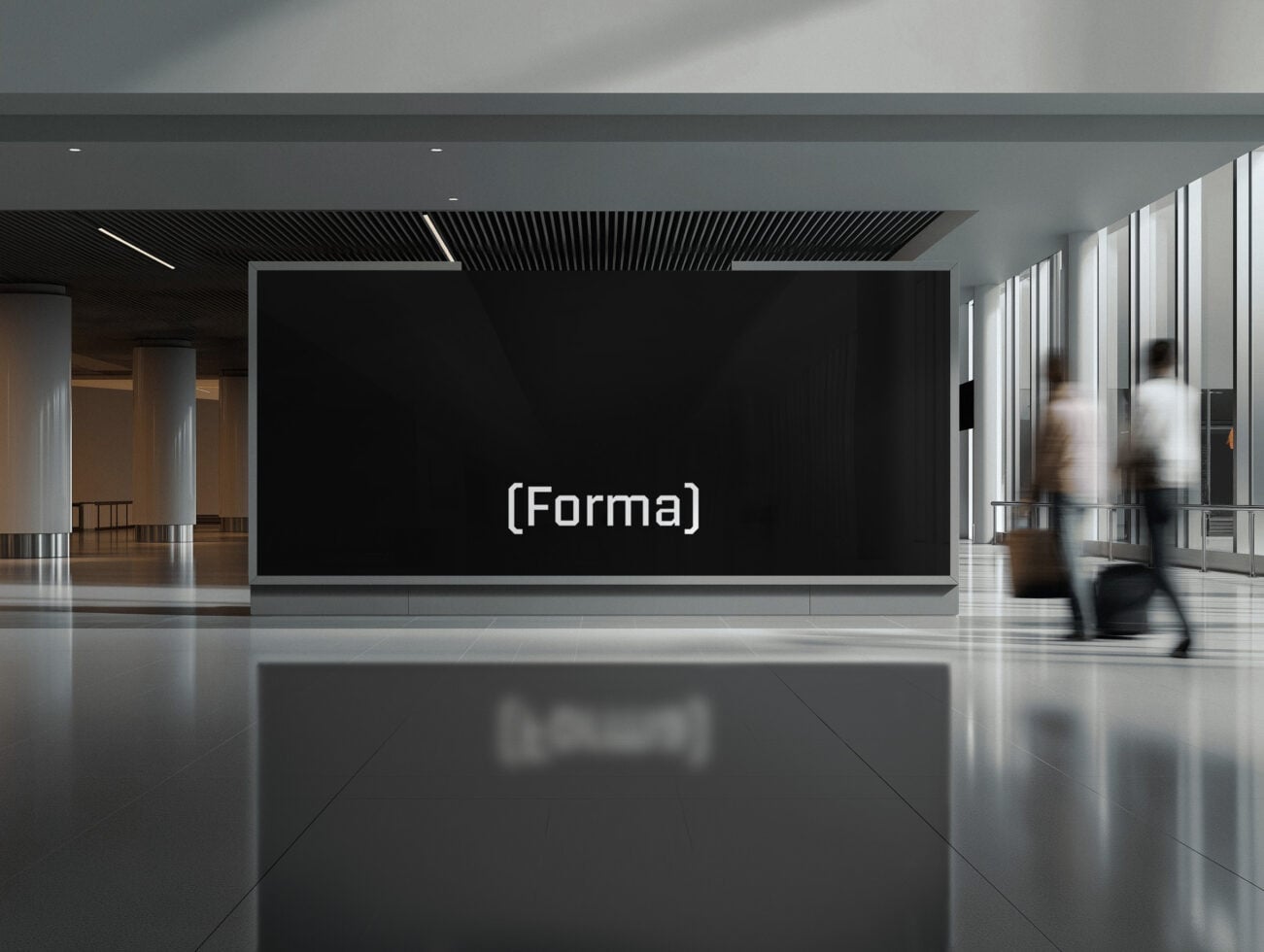 Modern lobby with black wall sign displaying Forma branding text