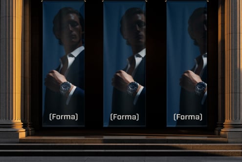 Three vertical banners showing man in suit wearing luxury watch against blue backdrop