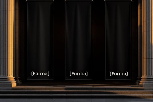 Three tall black hanging banners between golden columns in elegant hallway