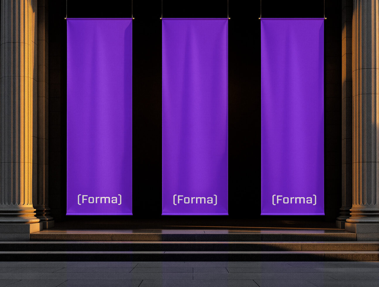 Three bright purple hanging banners with text in neoclassical building interior