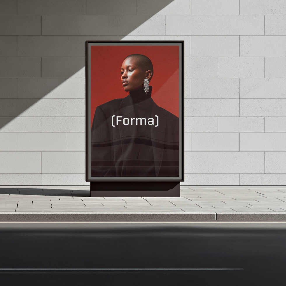 Street-facing billboard mockup with portrait, red background, geometric shadows on brick facade