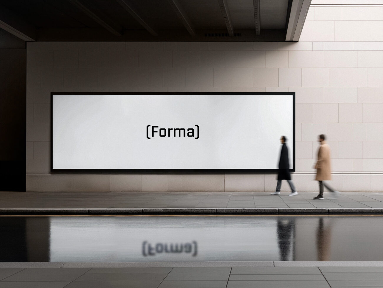 Horizontal subway billboard with minimal Forma logo text on light gray background